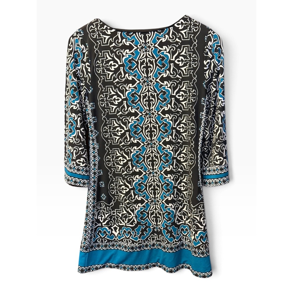 White House Black Market Tunic Top Womens XS Blue Black Damask 3/4 Sleeve Jersey
